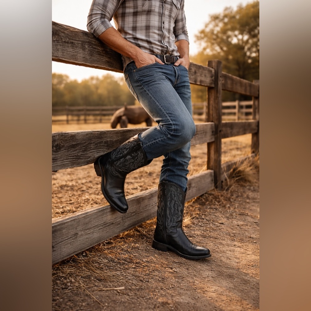 JB Dillion Genuine Black Goat Leather Square Toe Cowboy Boots Style 3207 Sz 10D